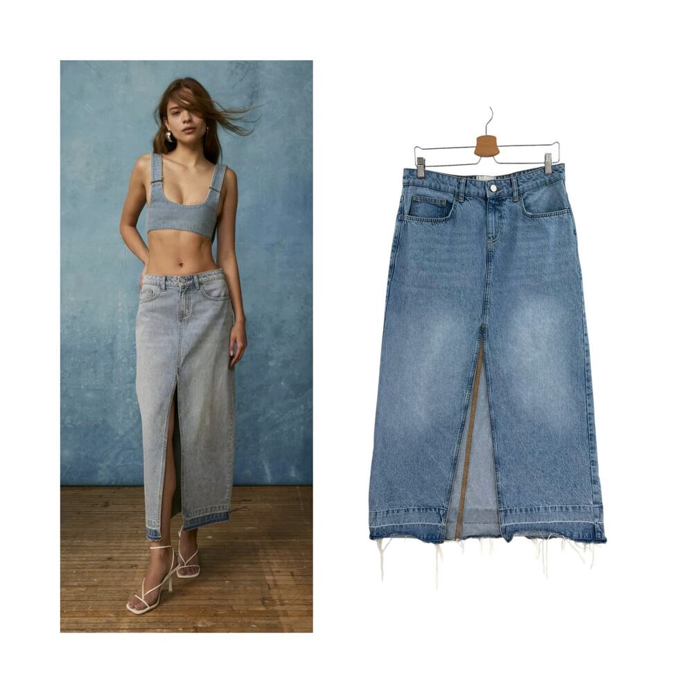 Urban Outfitters BDG Mandi Denim Maxi Skirt Raw Hem Front Slit Blue Size Medium